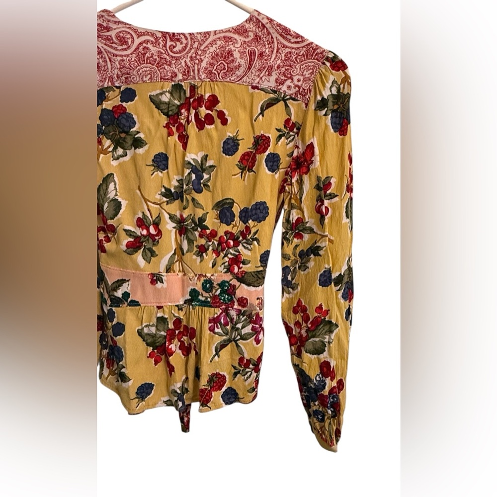 Anthropologie Meadow Rue Floral Patchwork Wrap Blouse - Yellow, Pink, Black - Picture 9 of 16